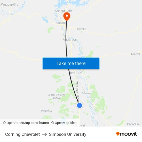 Corning Chevrolet to Simpson University map