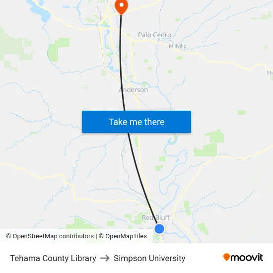 Tehama County Library to Simpson University map