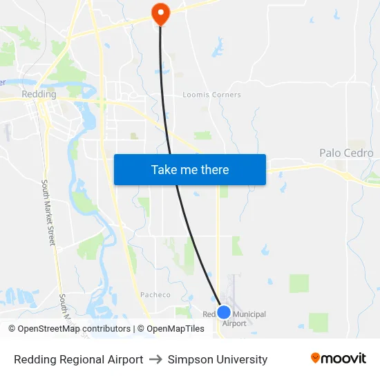 Redding Regional Airport to Simpson University map