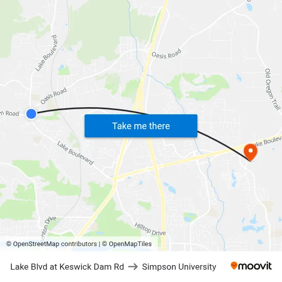 Lake Blvd at Keswick Dam Rd to Simpson University map