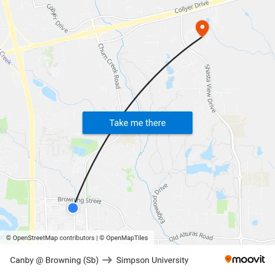 Canby @ Browning (Sb) to Simpson University map