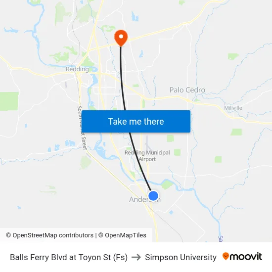 Balls Ferry Blvd at Toyon St (Fs) to Simpson University map