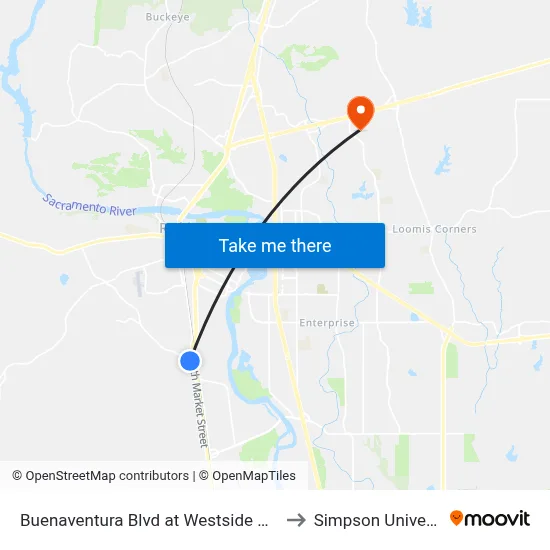 Buenaventura Blvd at Westside Rd (Fs) to Simpson University map