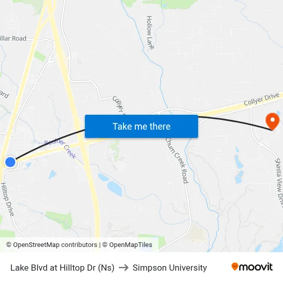 Lake Blvd at Hilltop Dr (Ns) to Simpson University map
