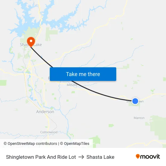 Shingletown Park And Ride Lot to Shasta Lake map