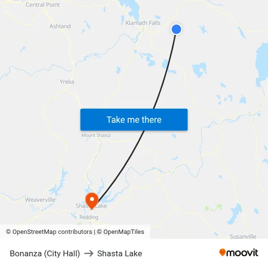 Bonanza (City Hall) to Shasta Lake map