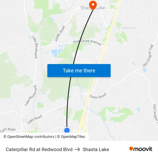 Caterpillar Rd at Redwood Blvd to Shasta Lake map