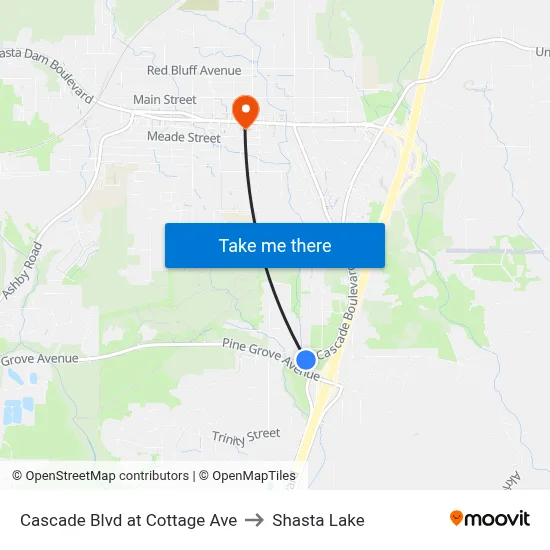 Cascade Blvd at Cottage Ave to Shasta Lake map
