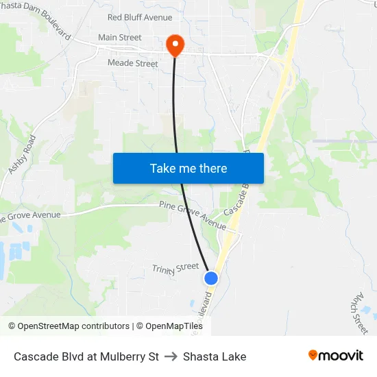 Cascade Blvd at Mulberry St to Shasta Lake map
