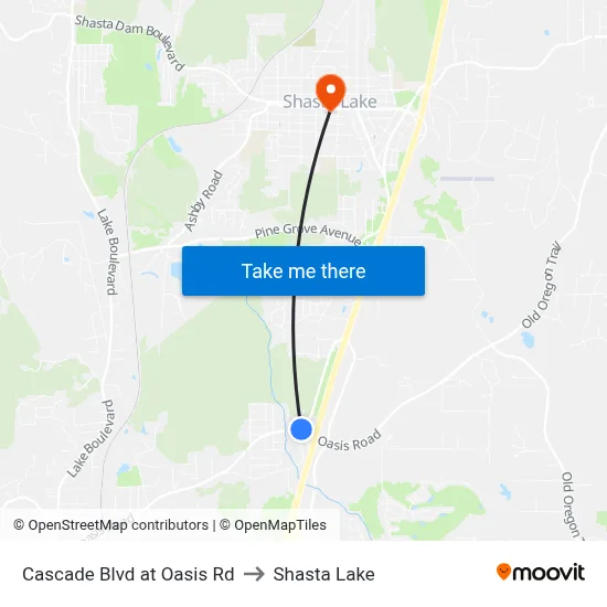 Cascade Blvd at Oasis Rd to Shasta Lake map