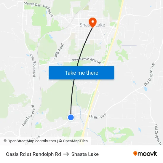 Oasis Rd at Randolph Rd to Shasta Lake map