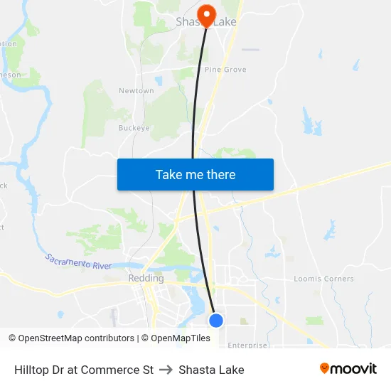 Hilltop Dr at Commerce St to Shasta Lake map