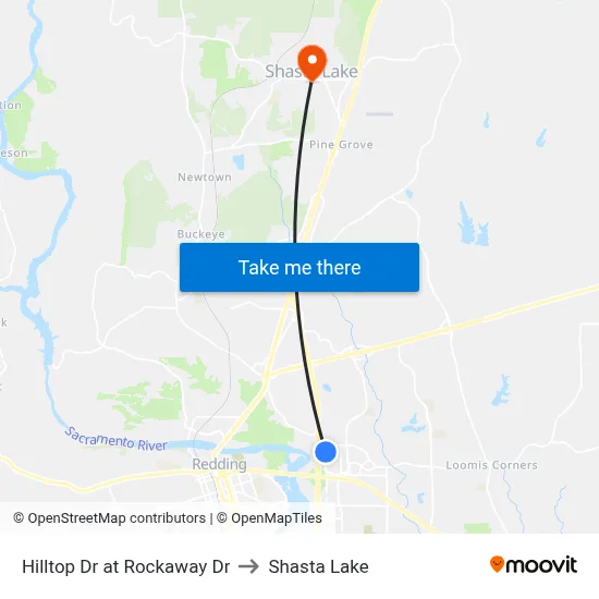 Hilltop Dr at Rockaway Dr to Shasta Lake map