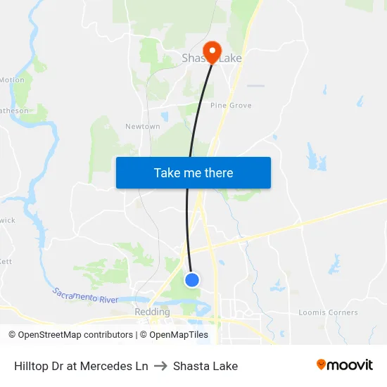 Hilltop Dr at Mercedes Ln to Shasta Lake map