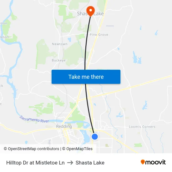 Hilltop Dr at Mistletoe Ln to Shasta Lake map