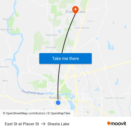 East St at Placer St to Shasta Lake map