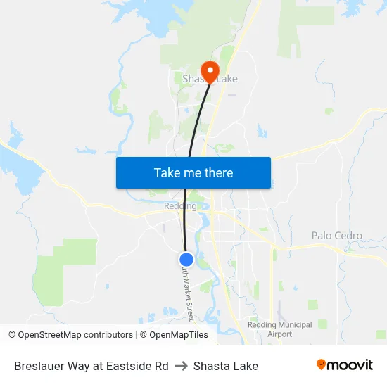 Breslauer Way at Eastside Rd to Shasta Lake map