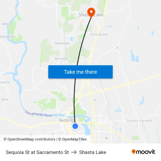 Sequoia St at Sacramento St to Shasta Lake map
