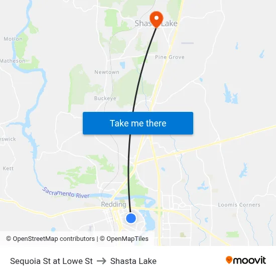 Sequoia St at Lowe St to Shasta Lake map