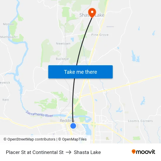 Placer St at Continental St to Shasta Lake map