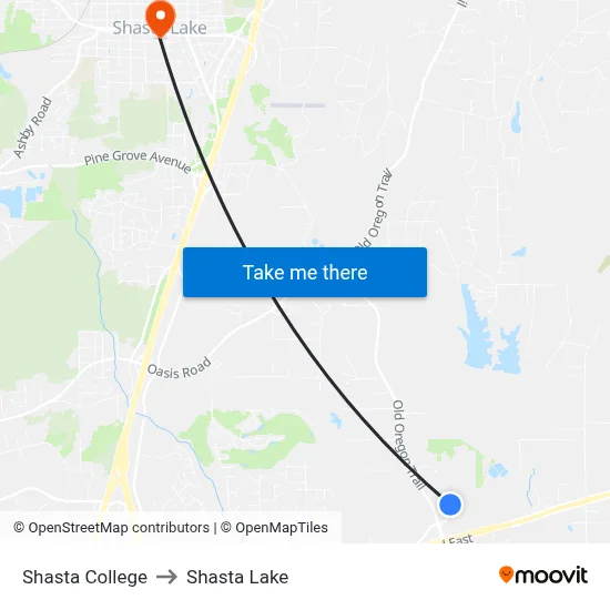 Shasta College to Shasta Lake map