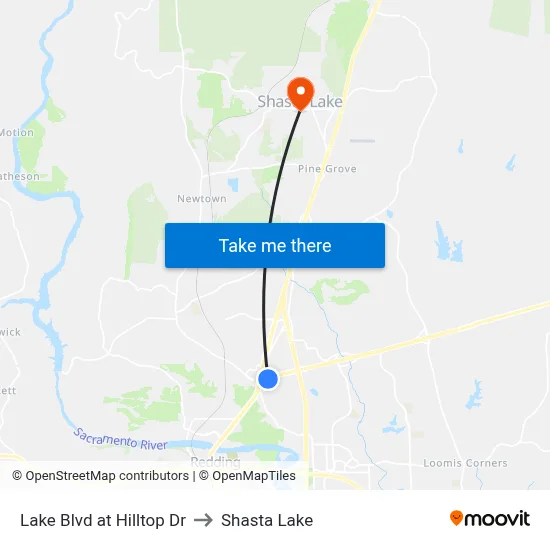 Lake Blvd at Hilltop Dr to Shasta Lake map