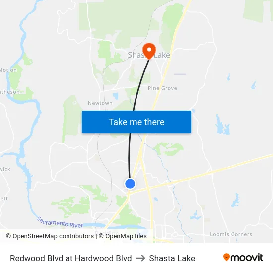 Redwood Blvd at Hardwood Blvd to Shasta Lake map