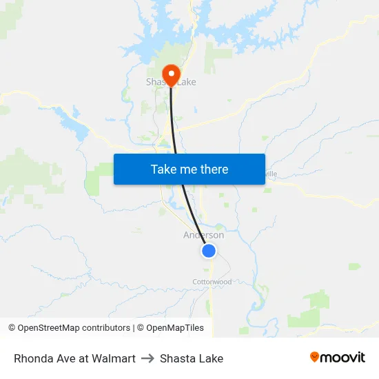 Rhonda Ave at Walmart to Shasta Lake map