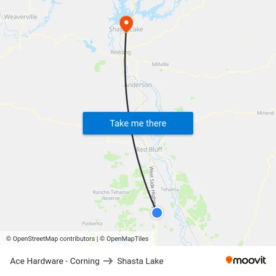Ace Hardware - Corning to Shasta Lake map