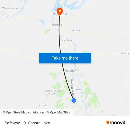 Safeway to Shasta Lake map