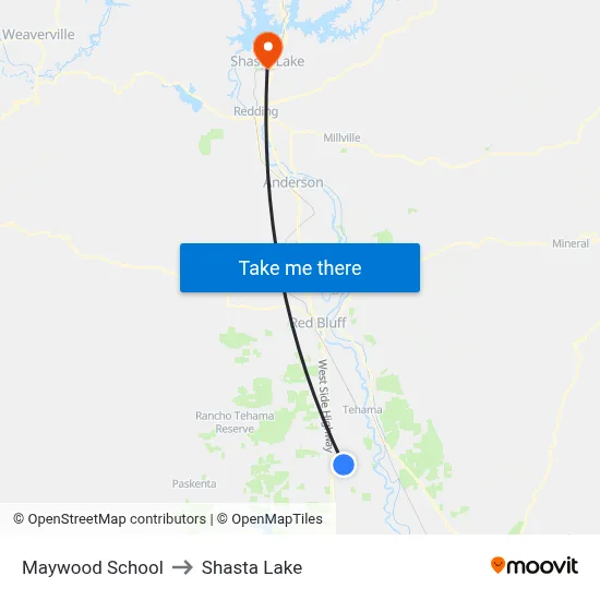 Maywood School to Shasta Lake map