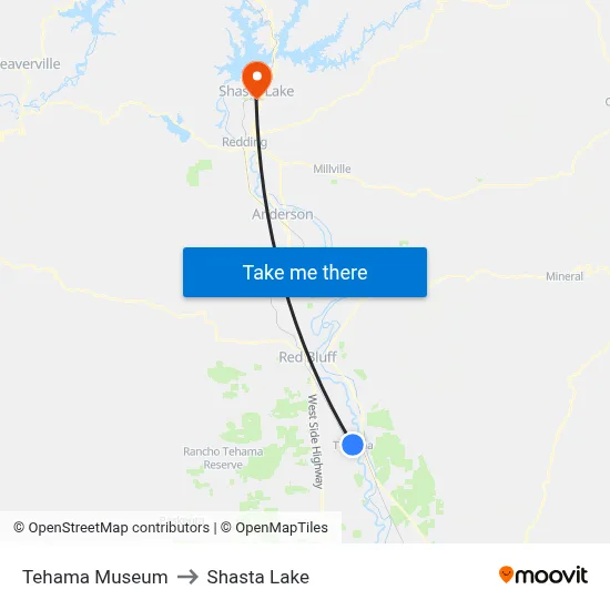 Tehama Museum to Shasta Lake map