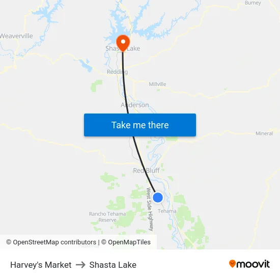 Harvey's Market to Shasta Lake map