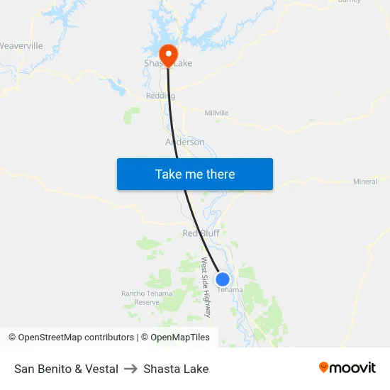 San Benito & Vestal to Shasta Lake map