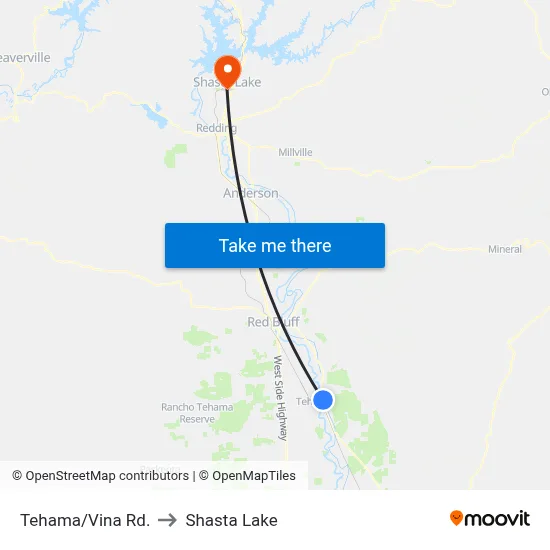 Tehama/Vina Rd. to Shasta Lake map