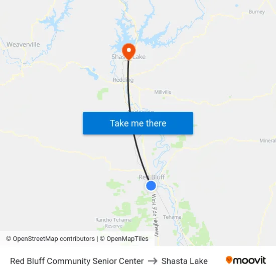 Red Bluff Community Senior Center to Shasta Lake map