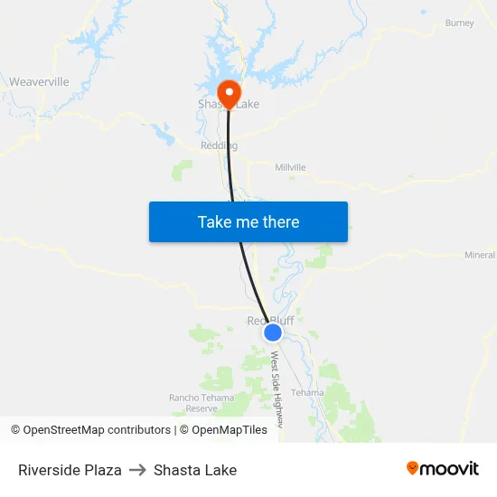 Riverside Plaza to Shasta Lake map