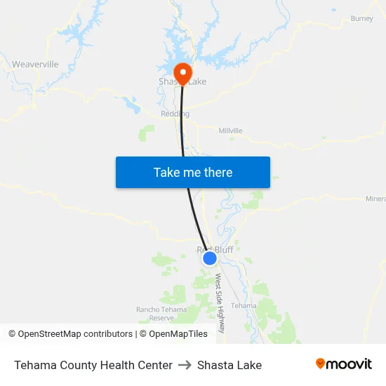 Tehama County Health Center to Shasta Lake map
