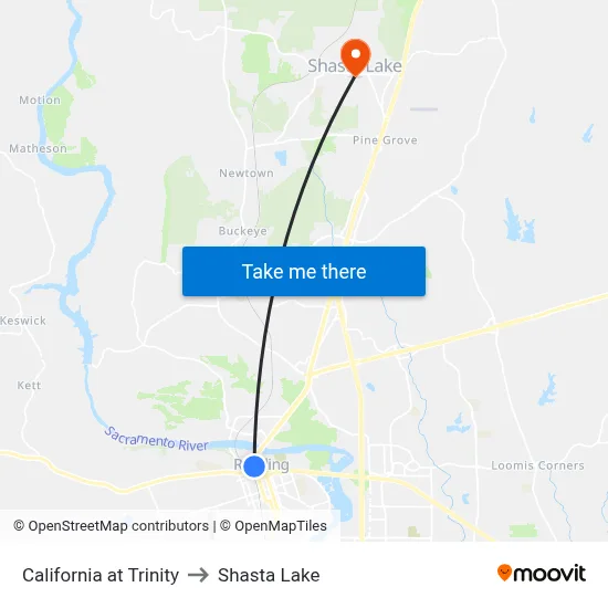 California at Trinity to Shasta Lake map