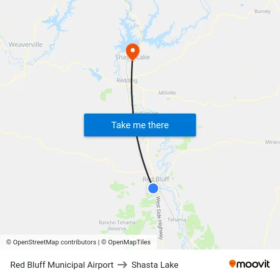 Red Bluff Municipal Airport to Shasta Lake map
