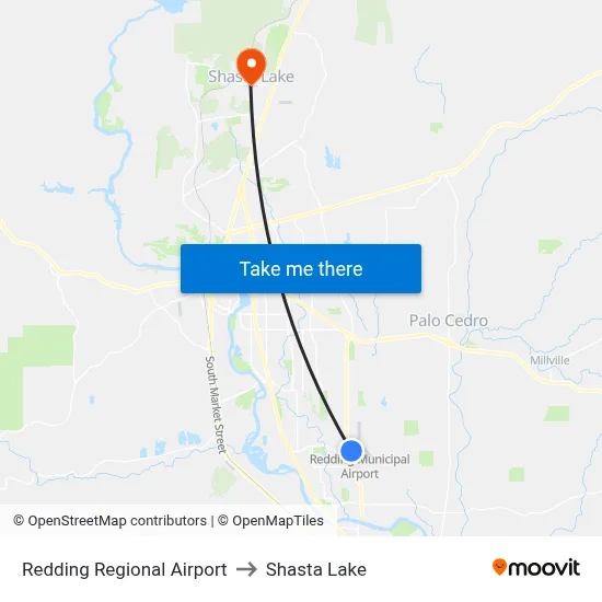 Redding Regional Airport to Shasta Lake map