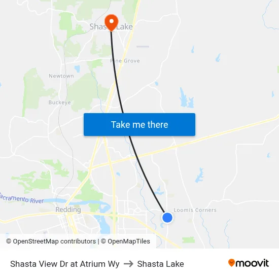 Shasta View Dr at Atrium Wy to Shasta Lake map