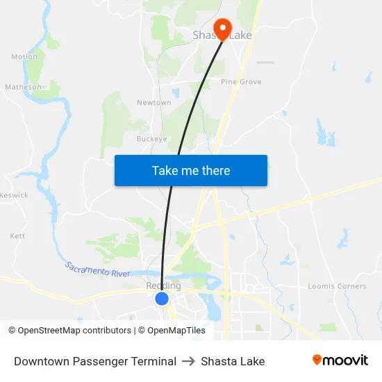 Downtown Passenger Terminal to Shasta Lake map