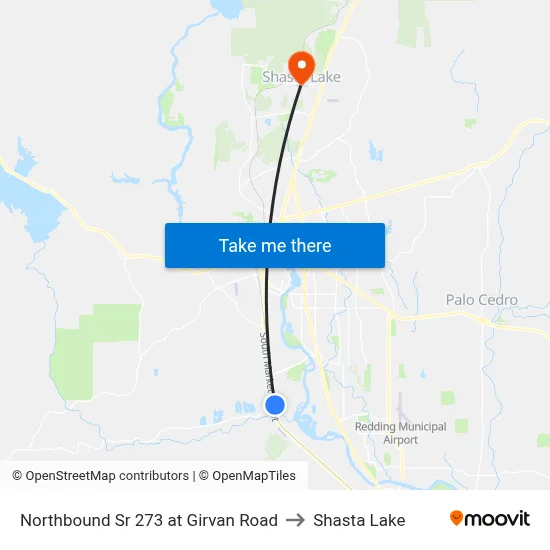 Northbound Sr 273 at Girvan Road to Shasta Lake map