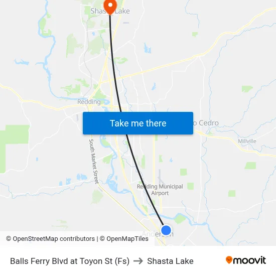 Balls Ferry Blvd at Toyon St (Fs) to Shasta Lake map