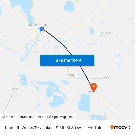 Klamath Works/Sky Lakes (S 6th St & Owens St) to Tulelake map