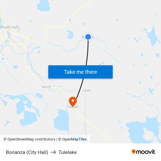 Bonanza (City Hall) to Tulelake map