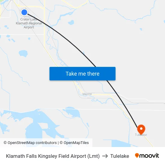 Klamath Falls Kingsley Field Airport (Lmt) to Tulelake map