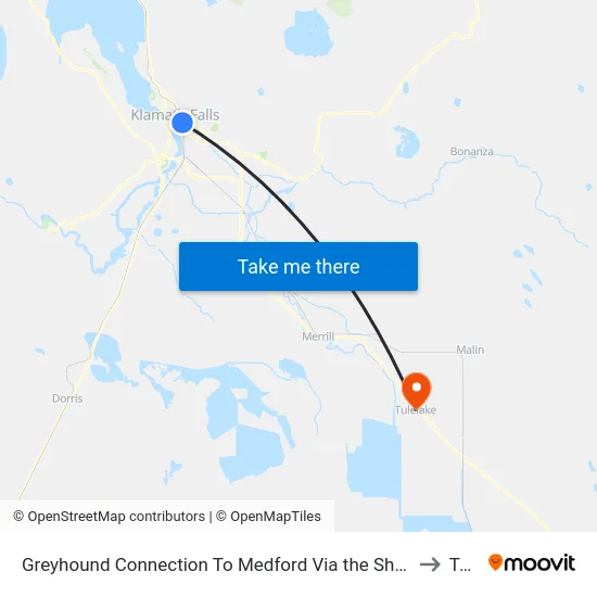 Greyhound Connection To Medford Via the Shuttle Klamath Falls + Amtrak Klamath Falls Rail Station (Kfs) to Tulelake map