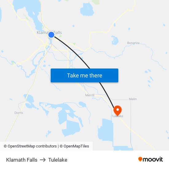 Klamath Falls to Tulelake map